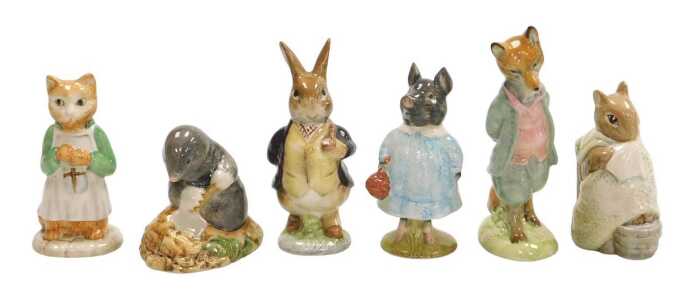 Six Beswick Beatrix Potter figures, comprising Foxy Whiskered Gentleman, Mr Benjamin Bunny,...