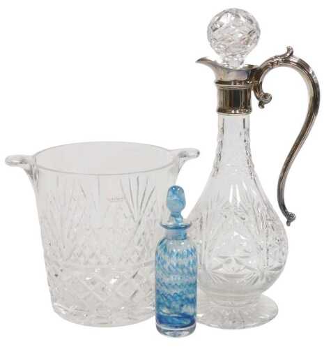 A cut glass and silver plated claret jug, with star cut stopper, 35.5cm high, a silver plated...