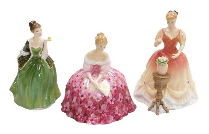 Three Royal Doulton figures, modelled as Sarah HN3380, Victoria HN2471, and Fleur HN2368.