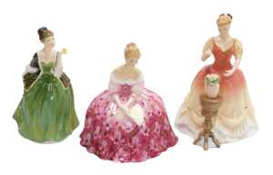 Three Royal Doulton figures, modelled as Sarah HN3380, Victoria HN2471, and Fleur HN2368.