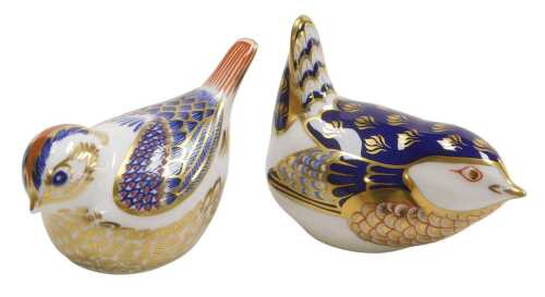 A Royal Crown Derby Imari porcelain wren paperweight, gold button, 9cm long, and another bird,...