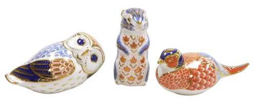 A Royal Crown Derby Imari porcelain owl paperweight, a squirrel, and a pheasant, printed marks...