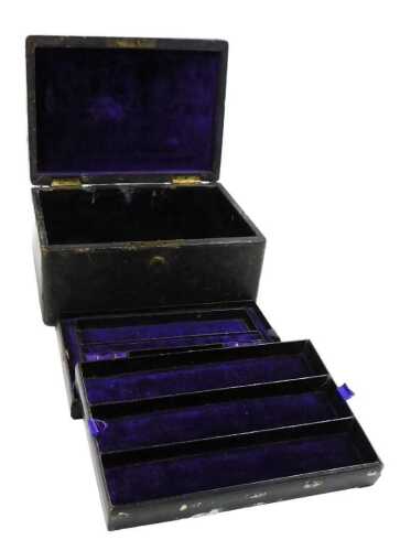 A late Victorian black leather jewellery box, stamped IJ Mechi 112 Regent Street, with purple...