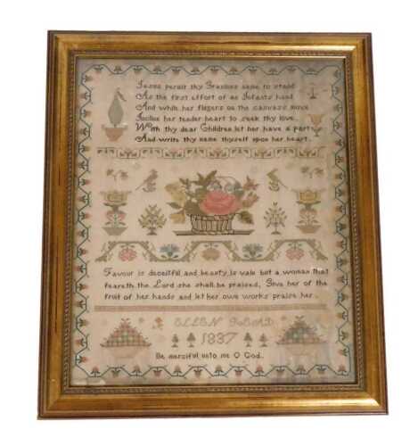 A William IV sampler, by Ellen Read, dated 1837, decorated with flowers, script, etc., 50cm x 42cm.