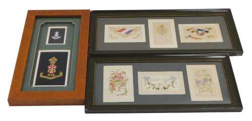 An embroidered Green Howards badge and metal badge, framed, and two frames containing First...