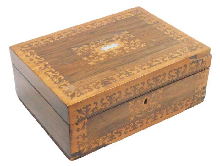 A Victorian rosewood and inlaid workbox, with a mother of pearl escutcheon, 12cm high, 30cm wide,...