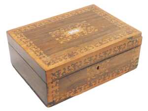 A Victorian rosewood and inlaid workbox, with a mother of pearl escutcheon, 12cm high, 30cm wide,...