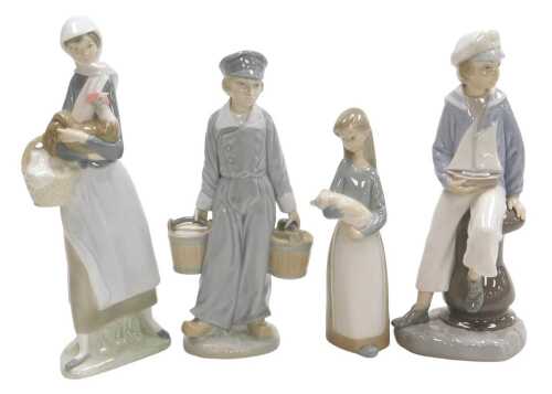 A Lladro figure of a lady with a chicken, 25cm high, figure of a gentleman with two water...