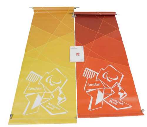 Two London 2012 Paralympic Games banners, in yellow and orange, 80cm wide, with silver metal...
