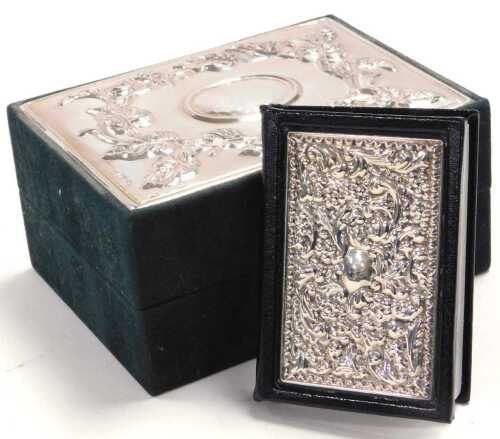 A silver and green velvet box, embossed with leaves, oval vacant reserve, 12.5cm wide, 9.5cm...