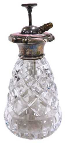 An early 20thC cut glass and silver plated atomiser, inlaid with pink guilloche enamel, 14.5cm...