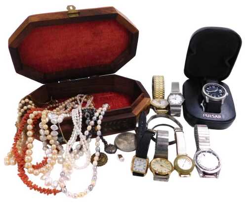 Silver and costume jewellery, including a foliate embossed silver bangle, string of coral beads,...