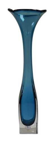 A Swedish Hans Geismar blue Art Glass vase, with a flared rim and square base, silver paper...