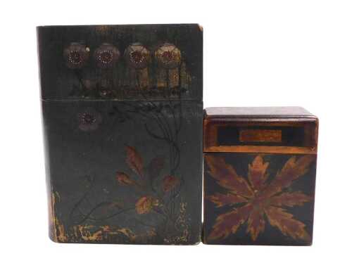 An Arts and Crafts painted box, decorated with flowers on a green ground, 18cm high, 13cm wide,...