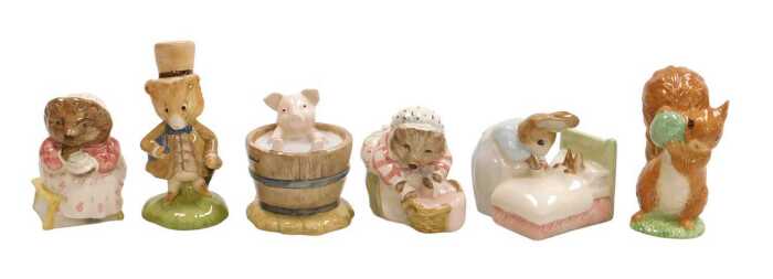 Six Beswick Beatrix Potter figures, 10a back stamp, comprising Peter in Bed, Squirrel Nutkin,...