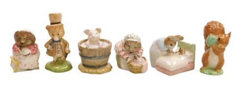 Six Beswick Beatrix Potter figures, 10a back stamp, comprising Peter in Bed, Squirrel Nutkin,...