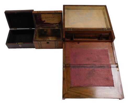 A Victorian walnut and parquetry banded writing box, and two further small boxes, 30cm, 18cm,...