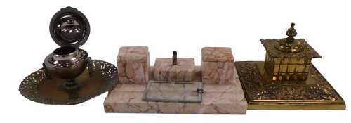 A Continental square brass inkstand, decorated with rococo scrolls, a circular silver plated ink...
