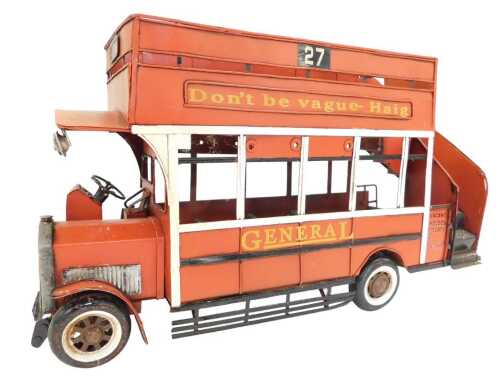 A painted metal model of a vintage double decker bus, stamped Don't be Vague - Haig, etc., 42cm...
