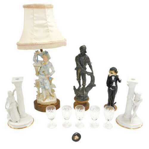 A pair of candlesticks, Romeo and Juliet, five Waterford liqueur glasses, a spelter figure of a...