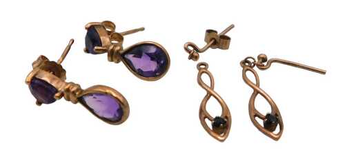 Two pairs of 9ct rose gold and amethyst set drop earrings, 2.8g.