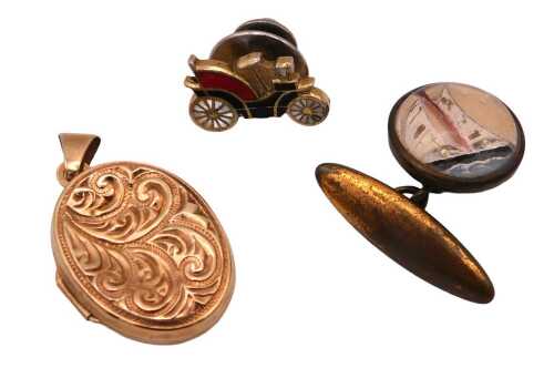 A 9ct gold oval photo locket, foliate engraved, 2.2g, together with a cufflink decorated with a...
