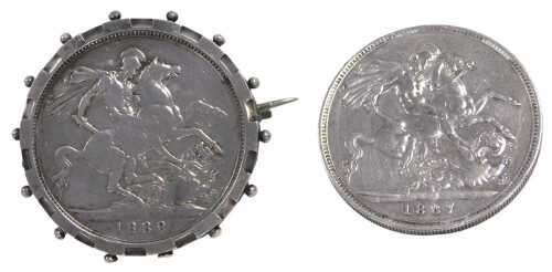 Two Queen Victoria Silver Jubilee head crowns, one 1887, the other brooch mounted 1889.