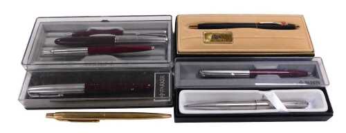 Parker and Cross ballpoint pens, together with Parker fountain pens, some boxed.