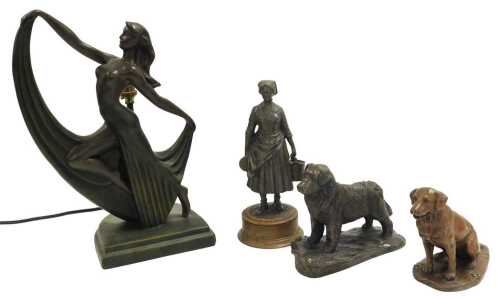 An Art Deco bronze effect table lamp, modelled in the form a female dancer, 36cm high, a figure...