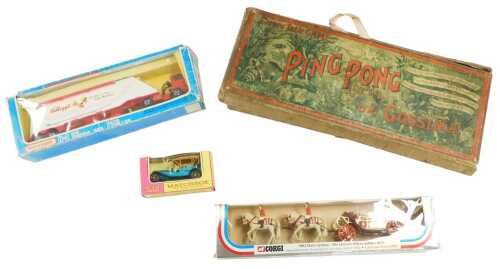 A J. Jacques and Sons table ping-pong game, and table croquet set, with a ping-pong box, a...