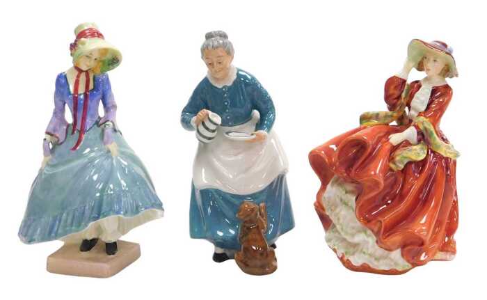 Three Royal Doulton figures, modelled as Top O' The Hill HN1937, Pantalettes HN1362, and The...