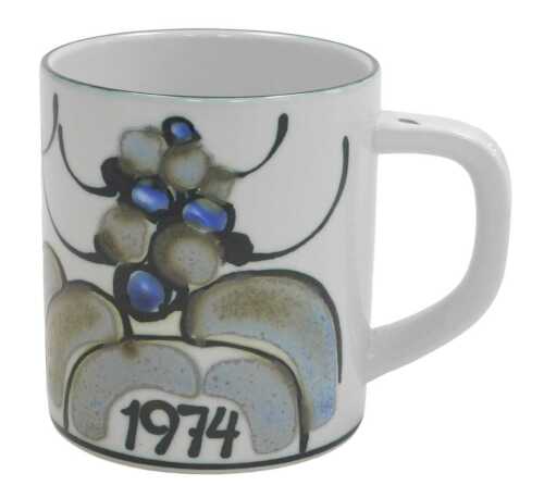 A Royal Copenhagen Faience pottery mug, 1974, with a silver plaque to the base engraved "Kraft",...