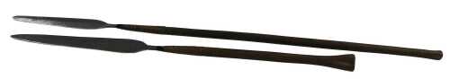 Two Zulu throwing spears, with a leaf shaped steel blade, and turned wooden handle, 85cm long...