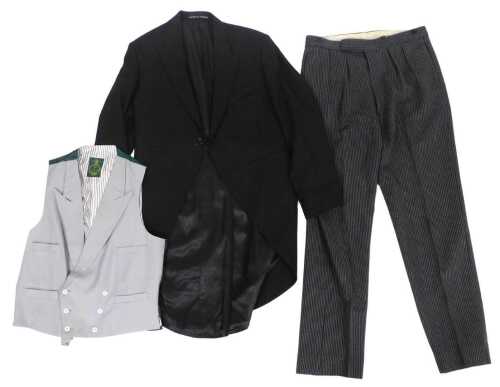 An Austin Reed morning suit, comprising a jacket, pinstripe trousers, and a grey waistcoat.