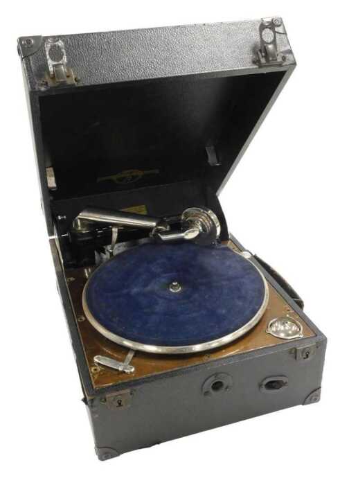 A Columbia black cased tabletop gramophone, 30cm wide, 41cm deep.