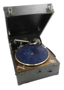 A Columbia black cased tabletop gramophone, 30cm wide, 41cm deep.