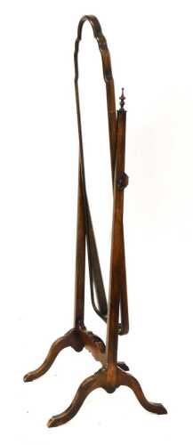 An early 20thC oak cheval mirror, with a cloud shaped, arched top, raised on four cabriole legs,...