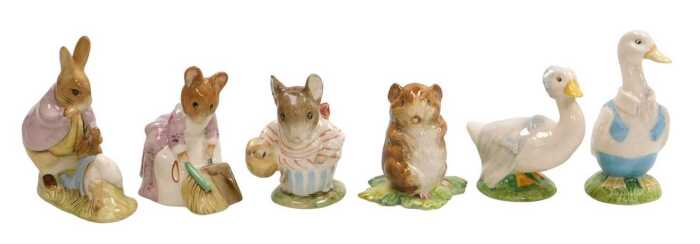 Six Beswick Beatrix Potter figures, brown back stamp, comprising Mr Benjamin Bunny & Peter...