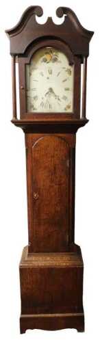 A Georgian oak longcase clock, by Richard Scuff of Thirsk, the break arch dial painted with...
