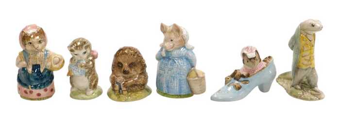 Six Beswick Beatrix Potter figures, brown back stamp, comprising Cousin Ribby, Miss Moppet, Sir...
