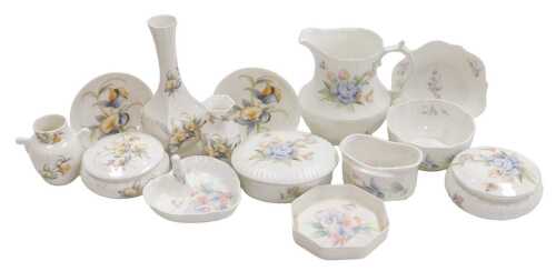 A group of Aynsley porcelain dressing table wares, decorated in the Celeste, Little Sweetheart,...