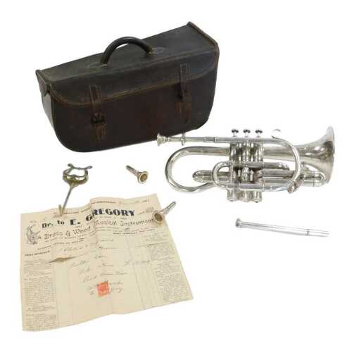 An early 20thC silver plated Besson & Company prototype class A cornet, cased, with receipt...