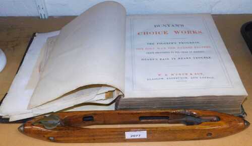 A leather bound Bunyan's Choice Works, together with a wooden loom weaving shuttle.