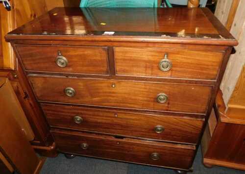 A 19thC mahogany and crossbanded chest, of two short over three long drawers, raised on...