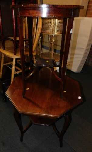 An Edwardian mahogany two tier window table, with octagonal top, raised on slender legs, 71cm...