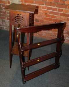 An oak wall hanging spice or plate rack, 78cm high, 60cm wide, together with an oak two tier...