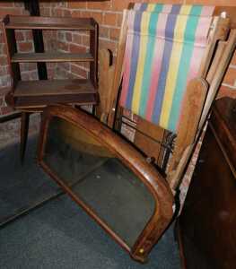 A group of furniture, to include a walnut and crossbanded overmantel mirror, a folding deck...