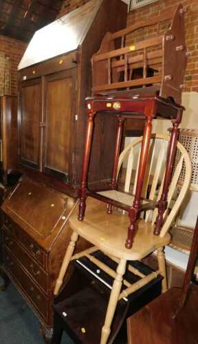 A group of furniture, to include a walnut bureau, an oak bureau, magazine rack, occasional table,...