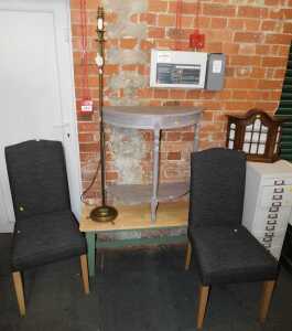 A group of furniture, to include two upholstered dining chairs, occasional table, standard lamp,...