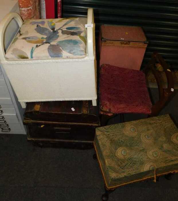 A group of furniture, to include a domed metal chest, Lloyd Loom style linen basket, footstool,...